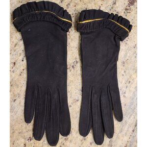 New? Vintage Size XS S Black Gold Soft Suede Leather 9" Long Gloves Wrist Ruffle